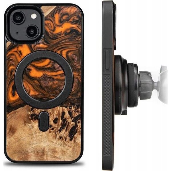 BeWood Etui z drewna i żywicy na iPhone 15 Plus MagSafe Bewood Unique Orange - pomarańczowo-czarne