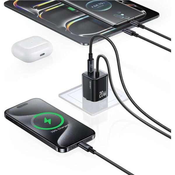 Φορτιστής τοίχου USAMS JC Series CC261 20W GaN Mini Fast Charger 2xUSB-C μαύρο
