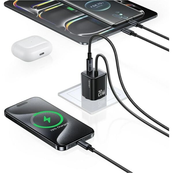 Φορτιστής τοίχου USAMS JC Series CC261 20W GaN Mini Fast Charger 2xUSB-C λευκό