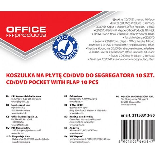 Office Products Koperty na płyty CD/DVD OFFICE PRODUCTS, do wpinania, PP, 10szt., transparentny - 5901503663547