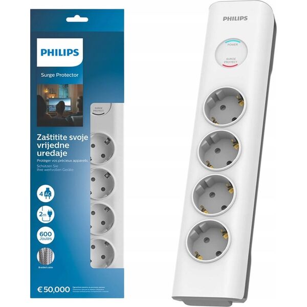PRZEDŁUŻACZ SIECIOWY PHILIPS LISTWA ZASILAJĄCA BIAŁA 4 GNIAZDA SCHUKO 2M SPN7040WA/58