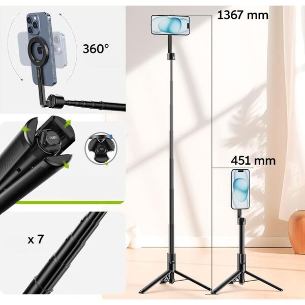 Kijek SELFIE Stick Statyw 1.36m na Magnes MagSafe Telefon Smartfon + PILOT / MG-003 PRO