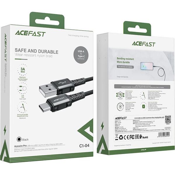 Kabel USB Acefast USB-A - USB-C 1.2 m Czarny (6974316280545)