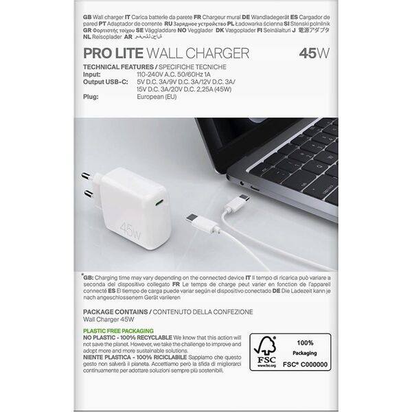 Φορτιστής τοίχου Puro PROLITE 45W USB-C - λευκός