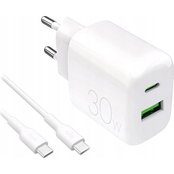 Φορτιστής τοίχου Puro PROLITE 30W USB-A / USB-C + καλώδιο USB-C - USB-C 1.2m - λευκός