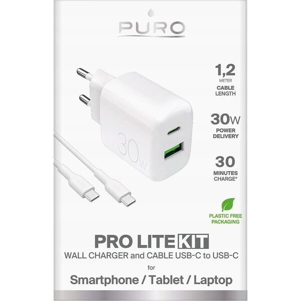 Φορτιστής τοίχου Puro PROLITE 30W USB-A / USB-C + καλώδιο USB-C - USB-C 1.2m - λευκός