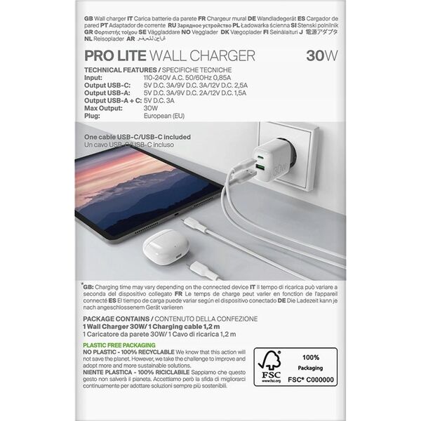 Φορτιστής τοίχου Puro PROLITE 30W USB-A / USB-C + καλώδιο USB-C - USB-C 1.2m - λευκός