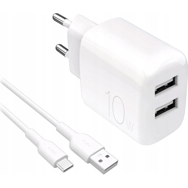 Φορτιστής τοίχου Puro PROLITE 10W 2x USB-A + καλώδιο USB-A - USB-C 1.2m - λευκή