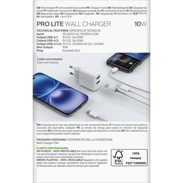 Φορτιστής τοίχου Puro PROLITE 10W 2x USB-A - λευκός