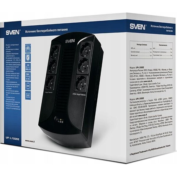 Αδιάλειπτη παροχή ρεύματος UPS Sven UP-L1000E, ~230V, 510W, 6 υποδοχές euro, μαύρο