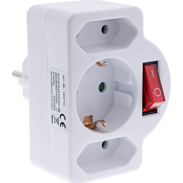 Προσαρμογέας πρίζας InLine®, βύσμα SK σε 2xEuro+1x SK, με διακόπτη, λευκό