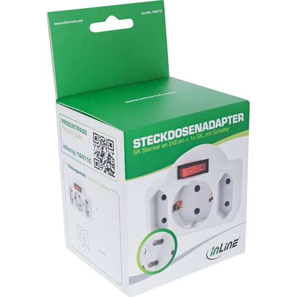 Προσαρμογέας πρίζας InLine®, βύσμα SK σε 2xEuro+1x SK, με διακόπτη, λευκό