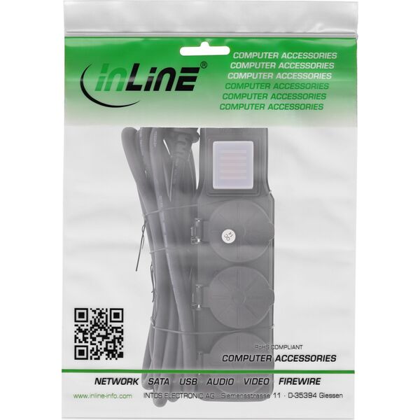 Πολύπριζο εξωτερικού χώρου InLine®, 3 θέσεων Schutzkontakt, IP44, με διακόπτη, 5μ