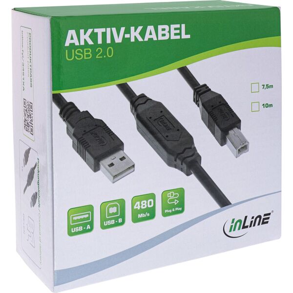 InLine® USB 2.0 Ενεργό Καλώδιο, USB-A Αρσενικό σε USB-B Αρσενικό, 10m