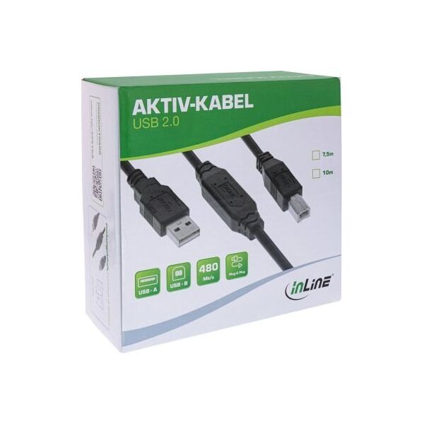 Ενεργό καλώδιο InLine® USB 2.0, USB-A αρσενικό σε USB-B αρσενικό, 7,5m