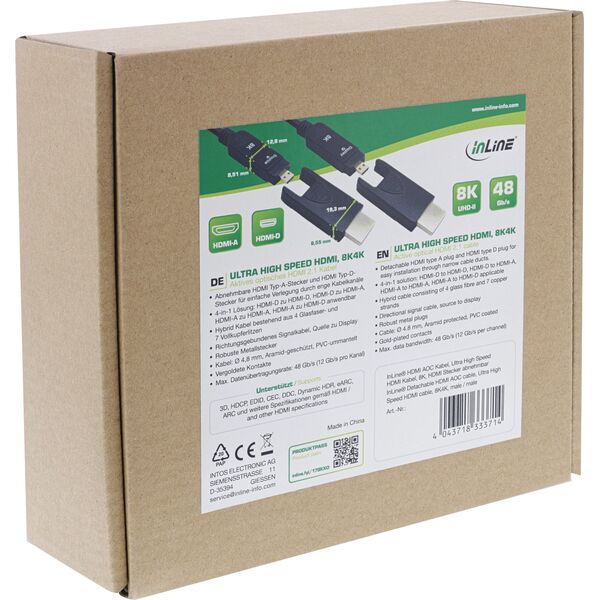 Καλώδιο InLine® HDMI AOC, Υπερυψηλής Ταχύτητας HDMI, 8K4K, Αποσπώμενο βύσμα, 15μ