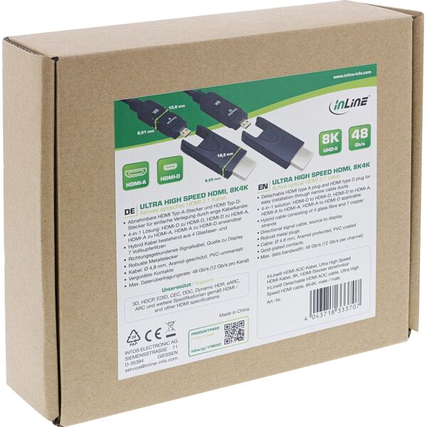 Καλώδιο InLine® HDMI AOC, Ultra High Speed HDMI, 8K4K, Αποσπώμενο βύσμα, 10μ