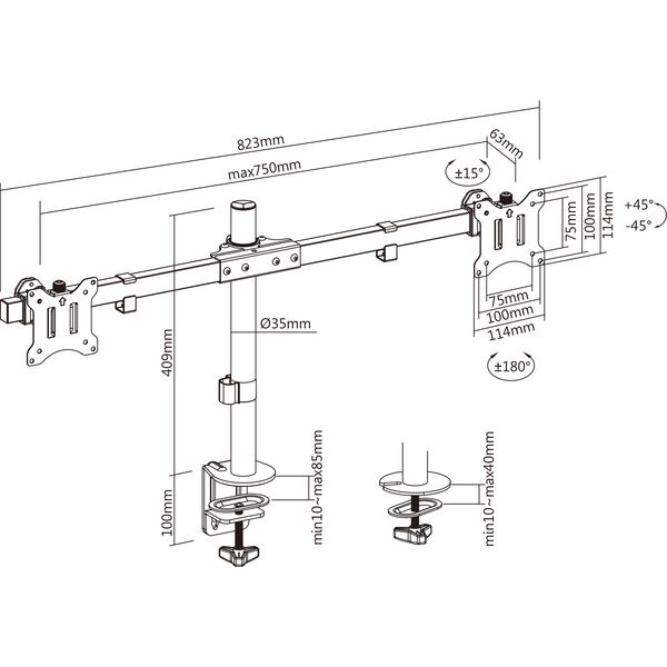 Επιτραπέζια βάση InLine®, για 2x LCD-/LED-οθόνη έως 81cm (32"), μέγιστο βάρος 9kg