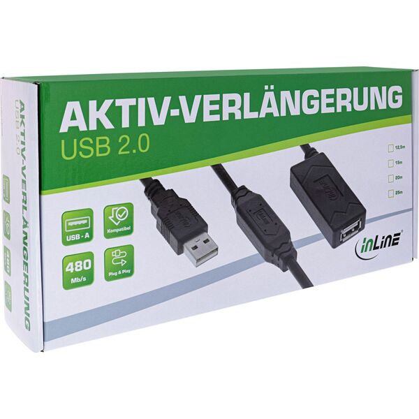 Ενεργό καλώδιο επέκτασης USB 2.0 InLine®, USB-A αρσενικό/θηλυκό, 15m