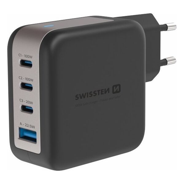 Swissten Travel Charger GaN 3x USB-C PD 100W / USB-A 18W QC