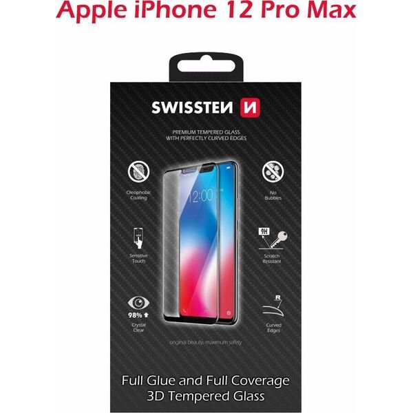 Swissten Ultra Durable Full Face Tempered Glass Apple iPhone 12 PRO MAX  Black