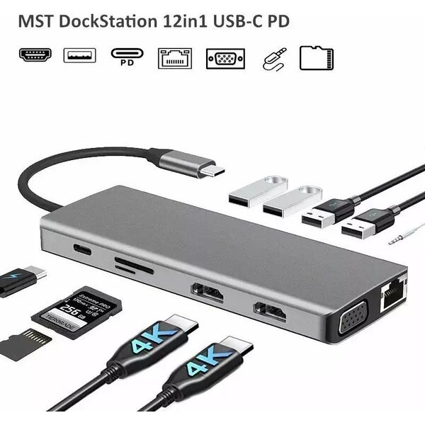 RoGer MST Dock Station 12in1 Lite USB-C to 2x HDMI / 4x USB3.0 / SD/TF / VGA / LAN