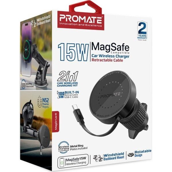 Promate MagDrive-R 2-in-1 MagSafe Wireless Car Charger 15W / USB-C