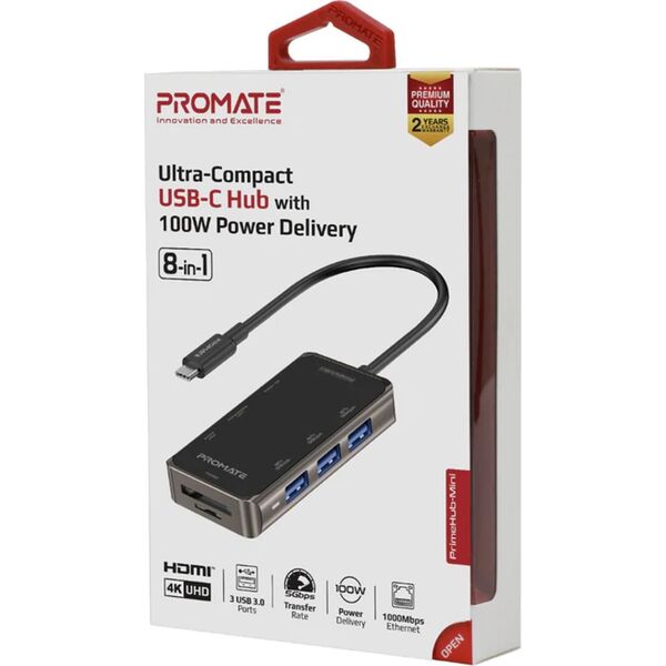 PROMATE PrimeHub-Mini 8in1 USB-C Hub HDMI 4K / LAN / PD 100W / SD / 3x USB 3.0