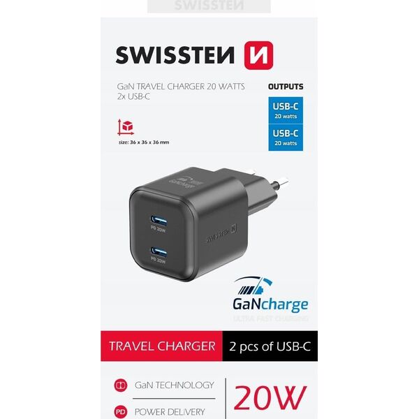 Swissten GaN PD 2x USB-C Travel Charger 20W