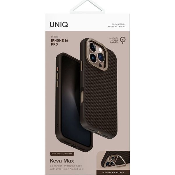 Etui UNIQ Keva Max do iPhone 16 Pro      Magclick Charging Camera Stand brązowy