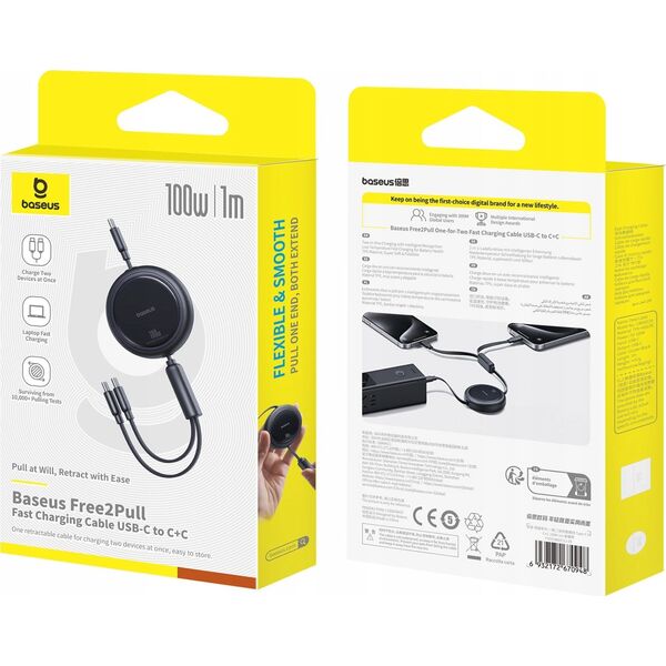 Kabel zwijany Baseus Bright Mirror Series USB-C - 2 x USB-C 100W 1m - czarny