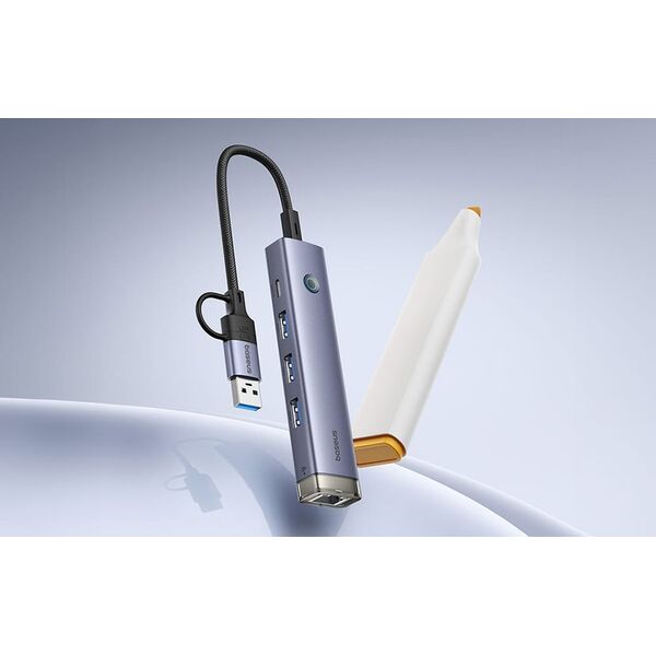 Hub 4w1 Baseus UltraJoy USB-A&USB-C do 3xUSB3.0+USB-C+RJ45 (szary)