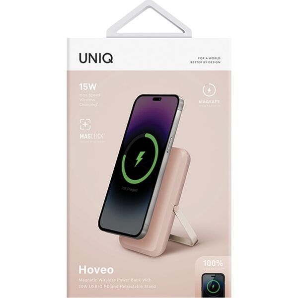 UNIQ Powerbank Hoveo 5000mAh USB-C 20WPD Fast charge Wireless Magnetic różowy/blush pink