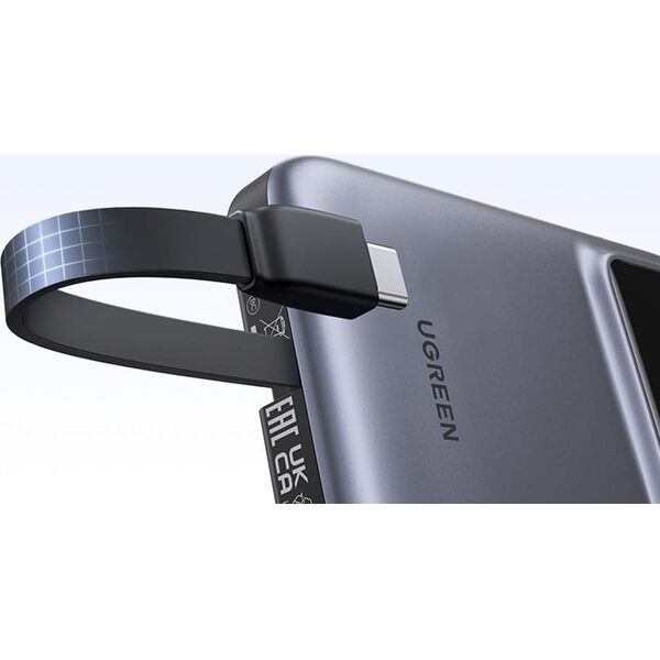 Powerbank 10000mAh Ugreen Uno PB511, 30W, wbudowany kabel USB-C (szary)