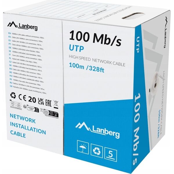 LANBERG Kabel LAN UTP 100mb/s 100m CCA drut Szary