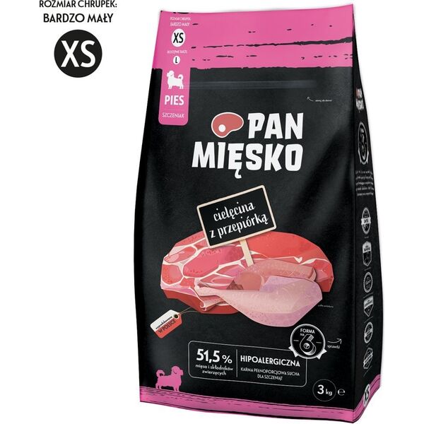 Pan Mięsko Karma sucha dla psa Cielęcina z przepiórką (szczeniak) chrupki XS 3kg