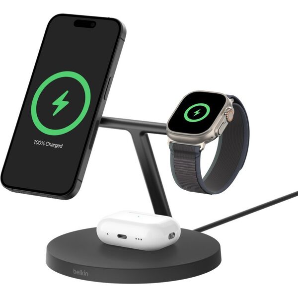 Belkin Stacja do ładowania bezprzewodowego na iPhone, Apple Watch, AirPods, Qi2 15W, czarna