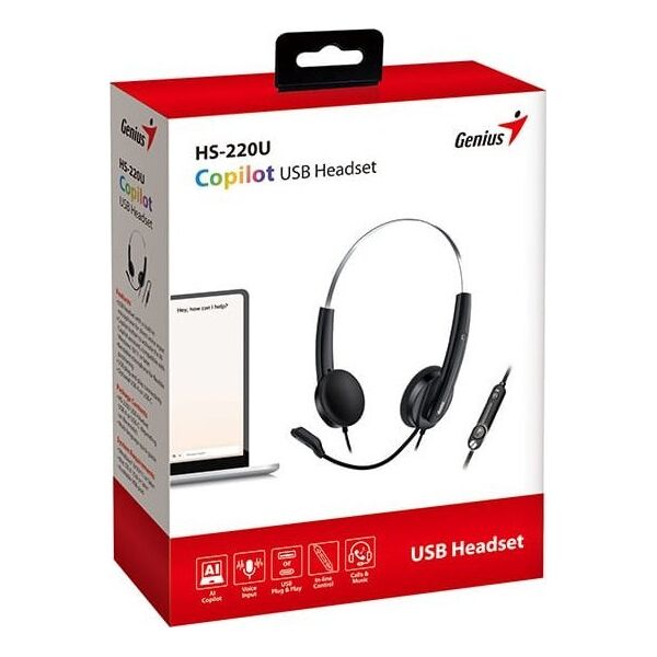 Genius HS-220U AI, słuchawki z mikrofonem, przewodowaczarna, 2.0, zamykane, USB - C