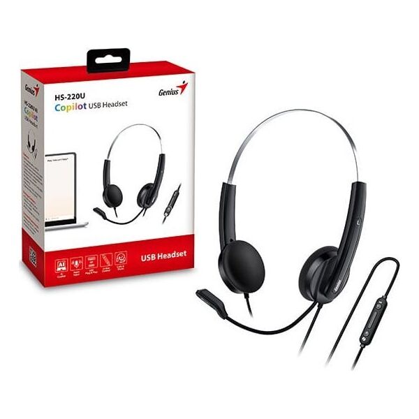Genius HS-220U AI, słuchawki z mikrofonem, przewodowaczarna, 2.0, zamykane, USB - C