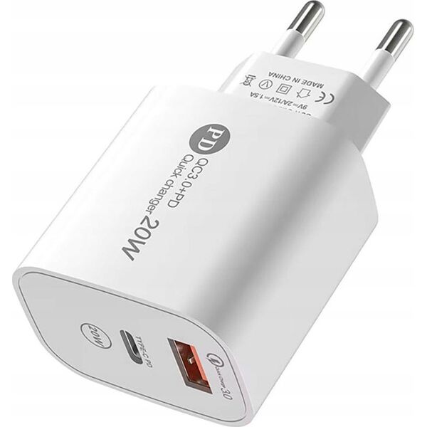 Φορτιστής τοίχου A6MaxL 20W USB-A USB-C με καλώδιο USB-C - USB-C 1m - λευκός