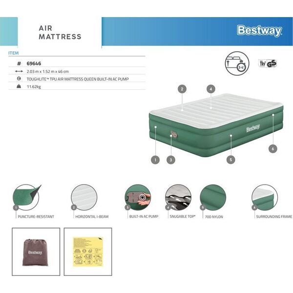 Bestway Dmuchany materac dwuosobowy samopompujący 203x152x46cm 69646 EDUKAMP