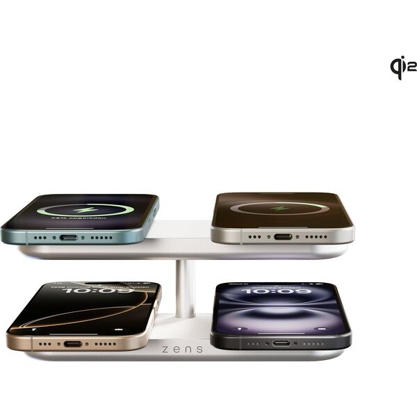 Φορτιστής ZENS Quattro Wireless Charger Pro 4 - ασύρματος φορτιστής Qi2 για τέσσερις συσκευές (4x15W) συμβατός με MagSafe (λευκό)