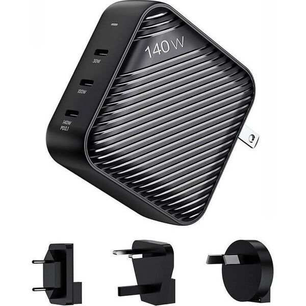 Ładowarka INVZI Ładowarka sieciowa INVZI GanHub 3x USB-C, 140W, EU/UK/AU/US (czarna)