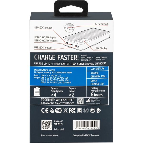 RivaCase POWERBANK 20.000 MAH USB-C 20W LCD, 1X WE/WY USB-C PD 20W, 2X USB-A QC 3.0 18W, CZARNY