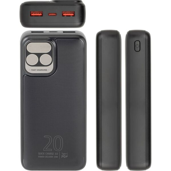RivaCase POWERBANK 20.000 MAH USB-C 20W LCD, 1X WE/WY USB-C PD 20W, 2X USB-A QC 3.0 18W, CZARNY