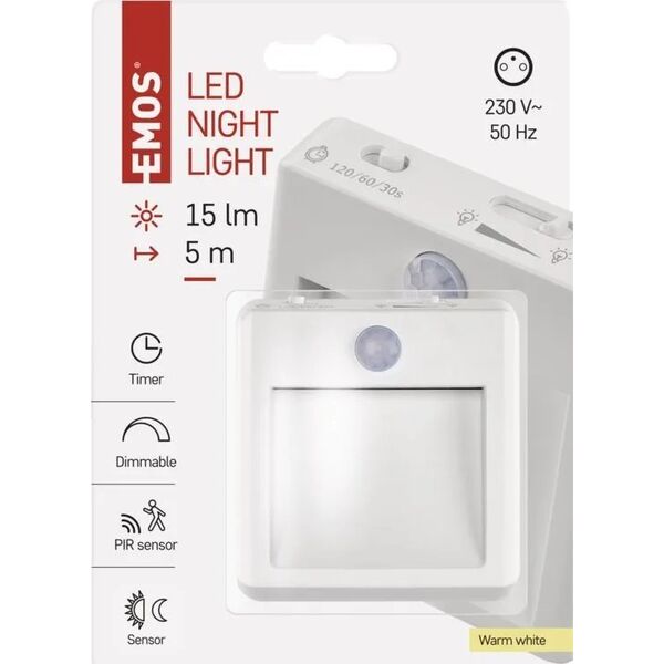 Lampka wtykowa do gniazdka Emos Emos P3319 lampka do gniazdka wtykowa kwadrat z czujnikiem ruchu 1x0,5W LED 3000K biała