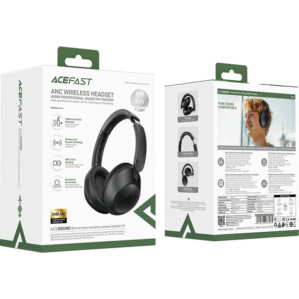 Ασύρματα ακουστικά Acefast H3 Bluetooth με ANC - μαύρα