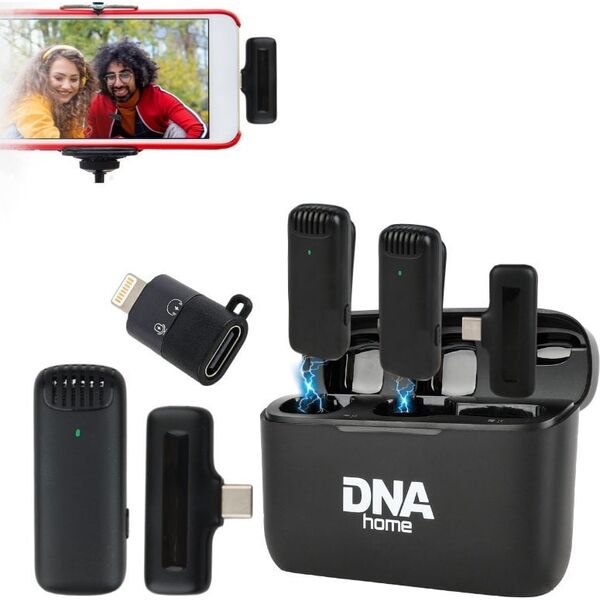 Mikrofon DNA DNA ICM1 zestaw do nagrywania dźwięku na smartfon 2x mikrofon bezprzewodowy krawatowy odbiornik USB-C adapter Lightning