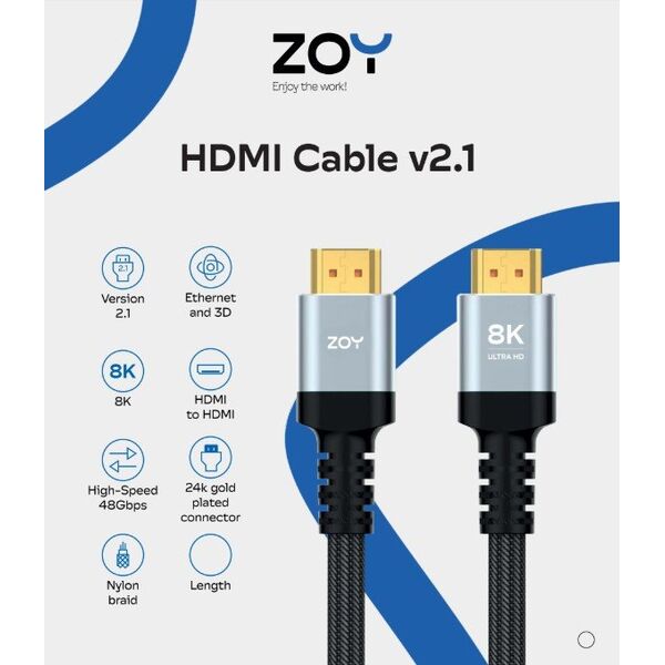 Kabel ZOY HDMI 5m standard 2.1 + rzep ZCH5
