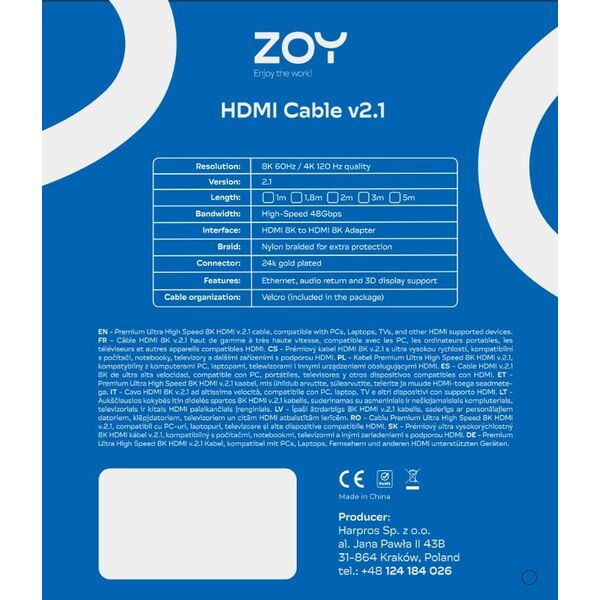 Kabel ZOY HDMI 5m standard 2.1 + rzep ZCH5